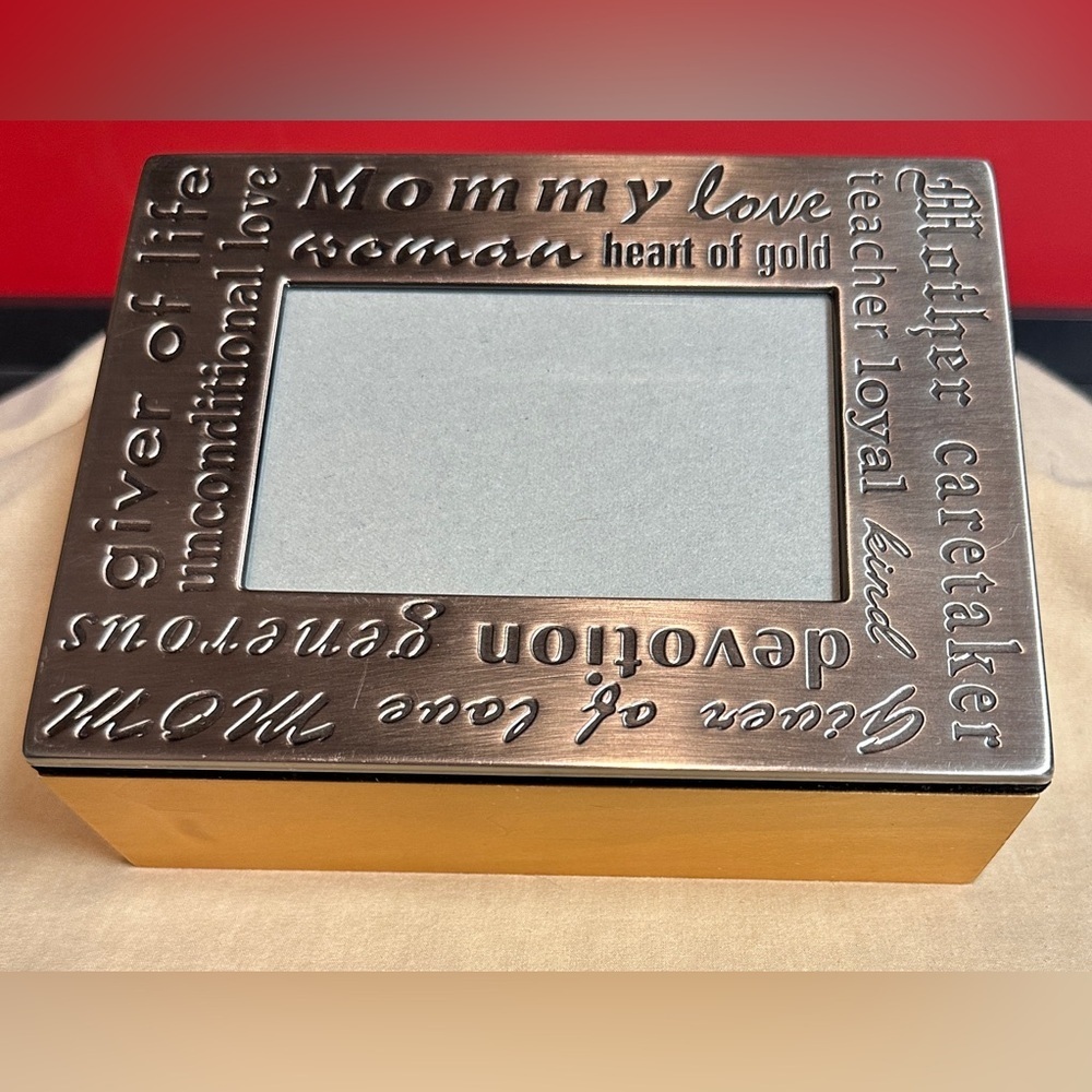 Mother’s Wooden Jewelry Box with Metal Photo Frame Lid